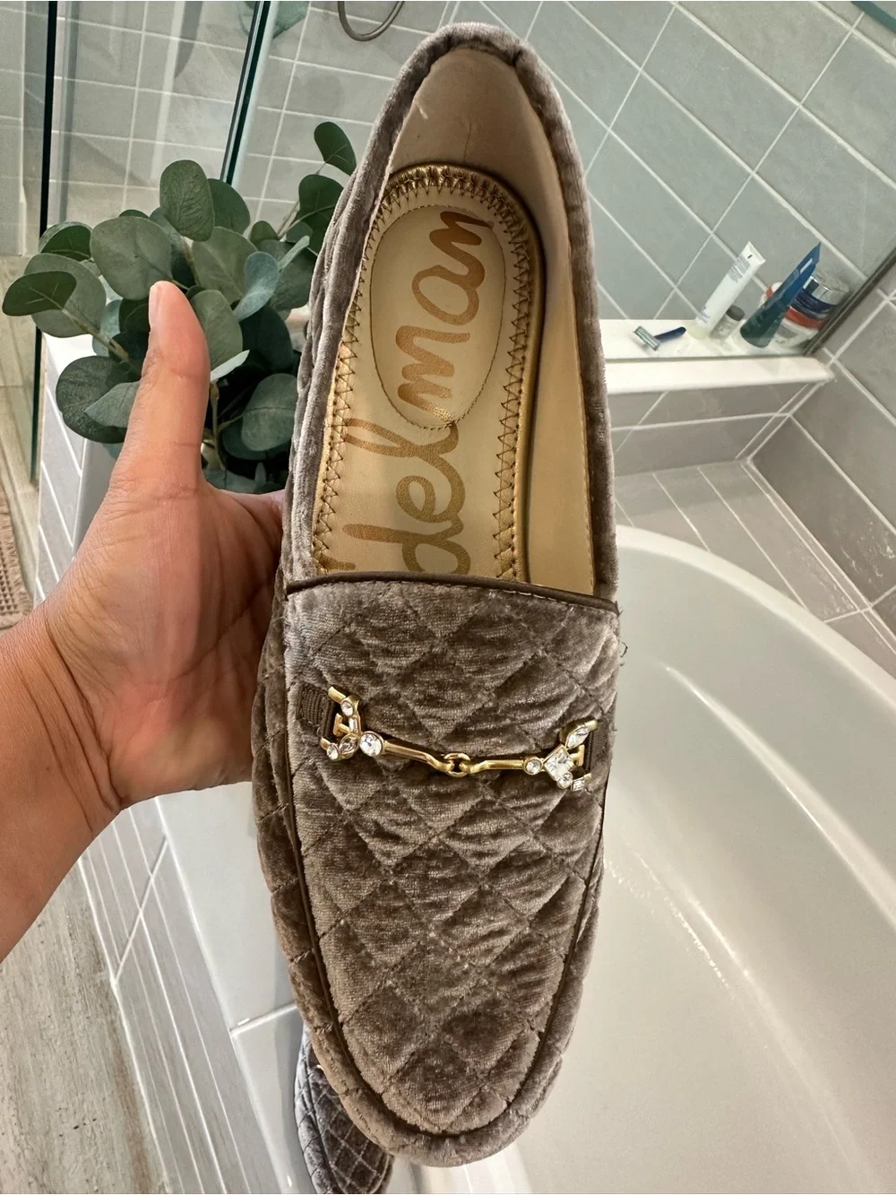 Sam Edelman Quilted Velvet Loafers in Brownish Gray with Gold Hardware